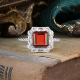 2.5CT Radiant Cut Garnet Engagement Ring Pave Halo Bridal Ring